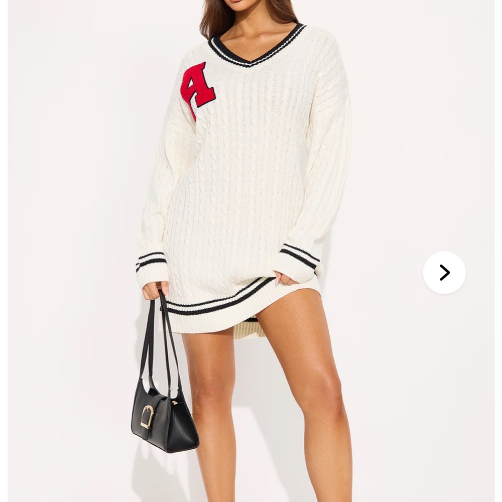 Fashion Nova Cream Cable Knit V-Neck Sweater Dress with Red Patch